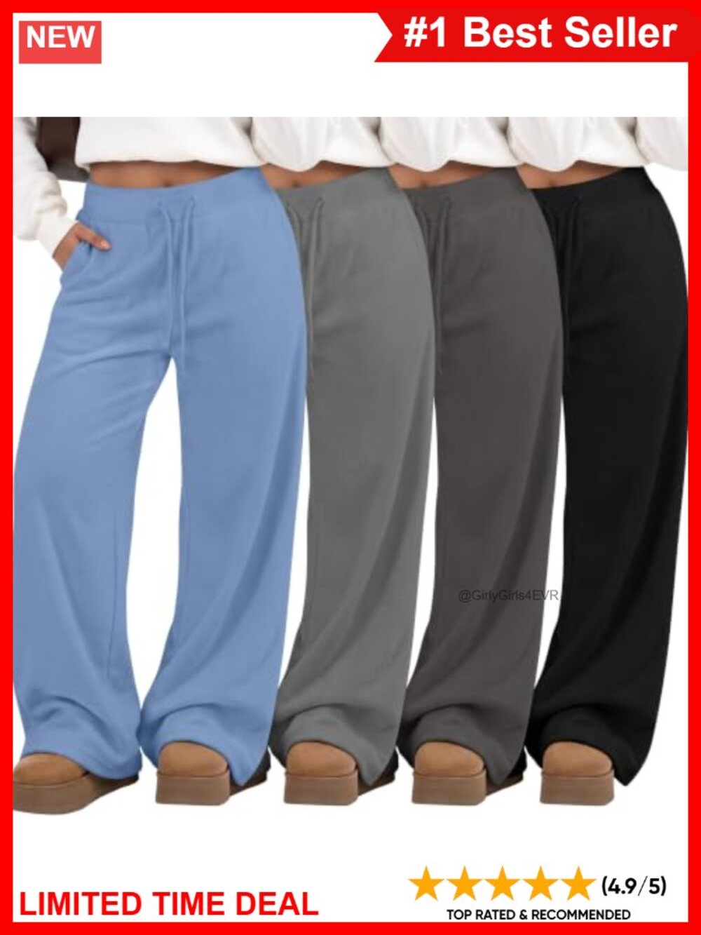 Plus Size Fleece Lined Wide Leg Sweatpants 4 Pack Drawstring Lounge Pants